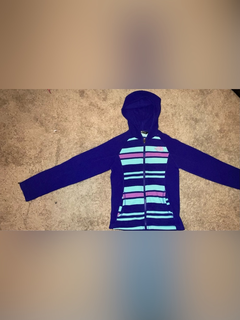 The North Face Girls' Navy Hoodie with Aqua & Pink Stripes